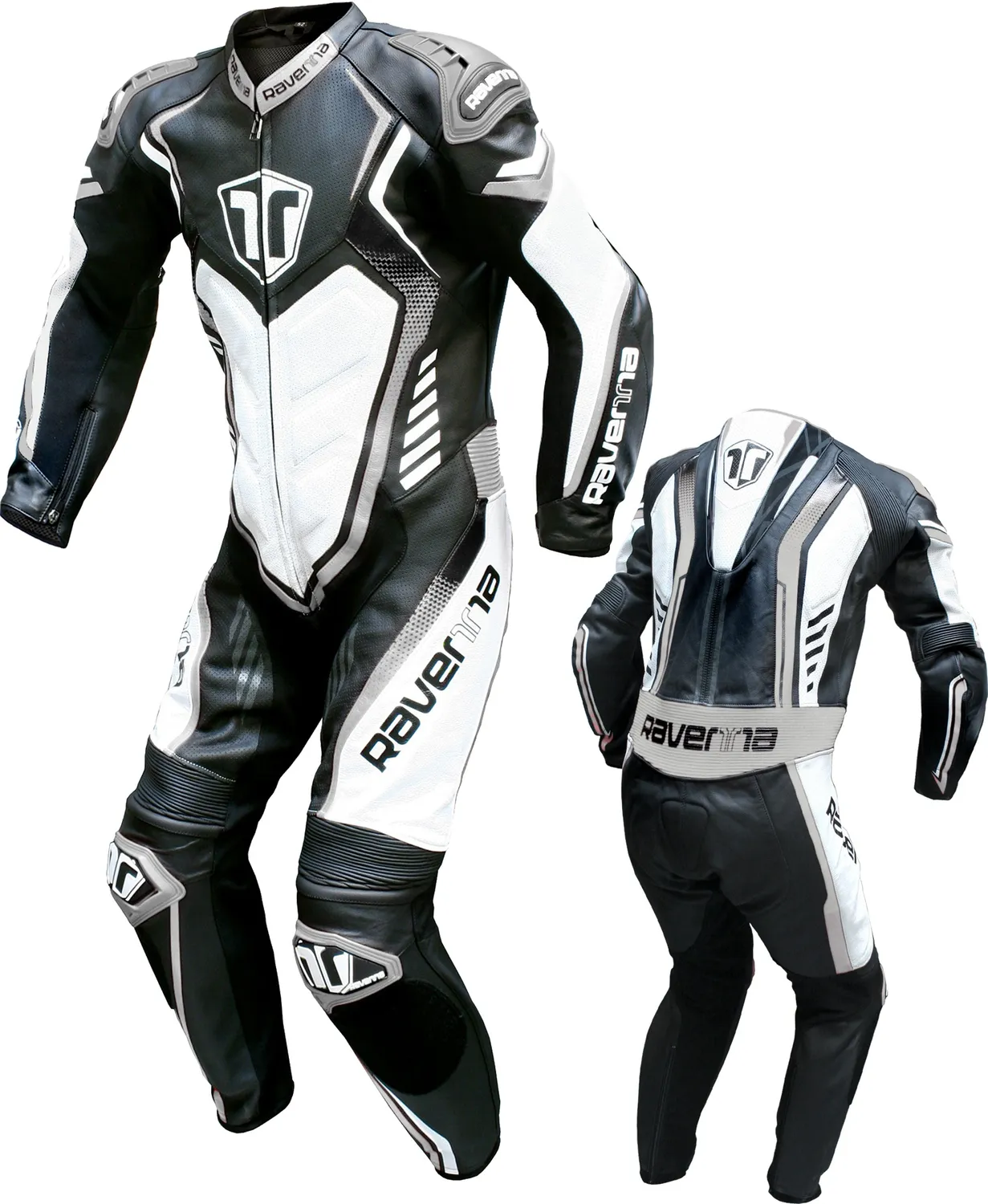 Ravenna Racing tuta moto pelle nero bianco grigio