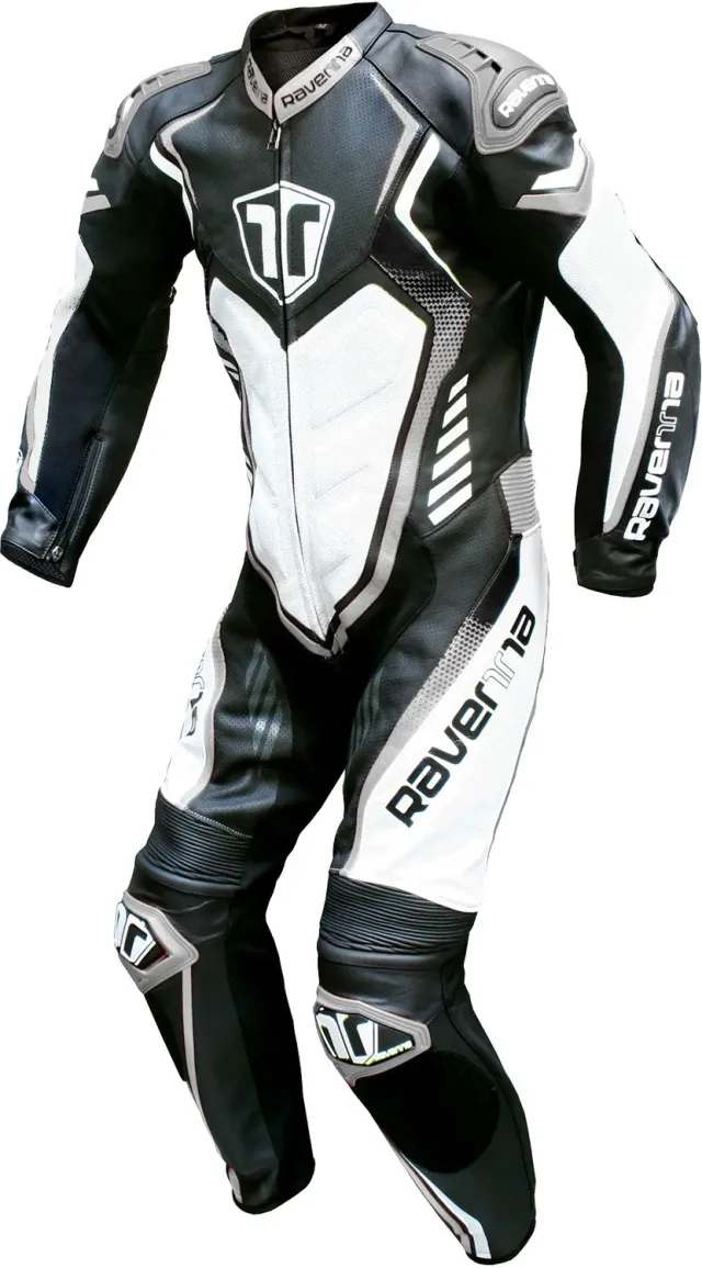 Ravenna Racing tuta moto pelle nero bianco grigio