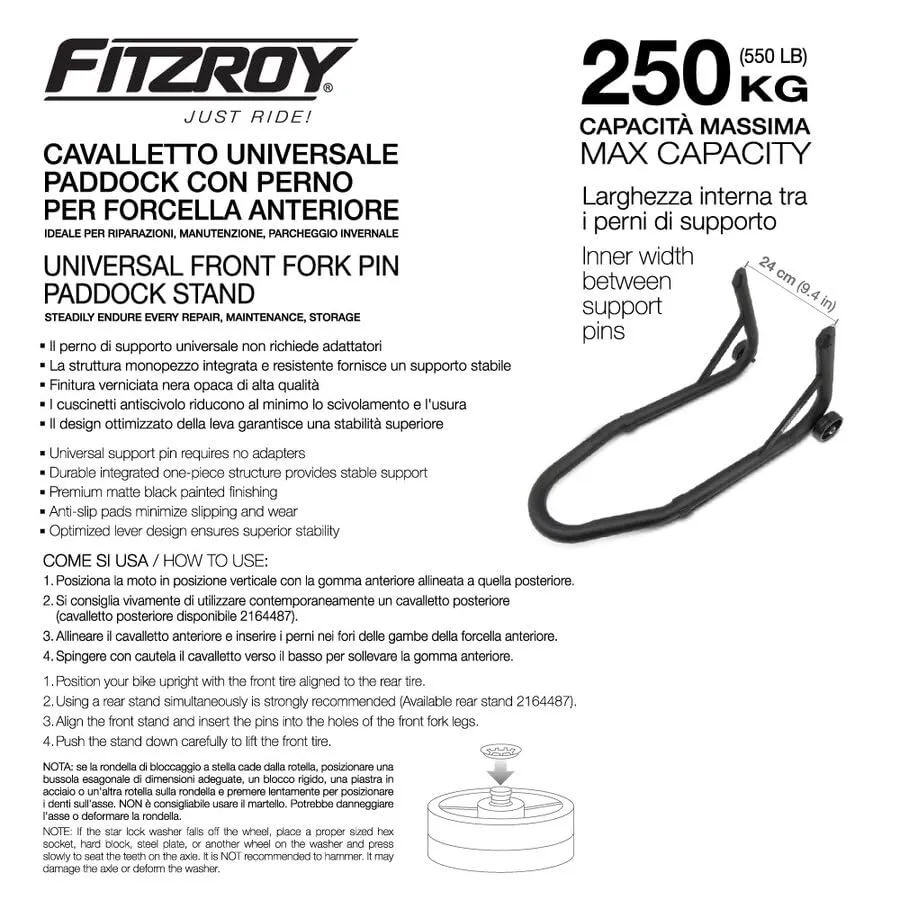 Fitzroy Cavalletto Moto Anteriore Nero Opaco 250 kg